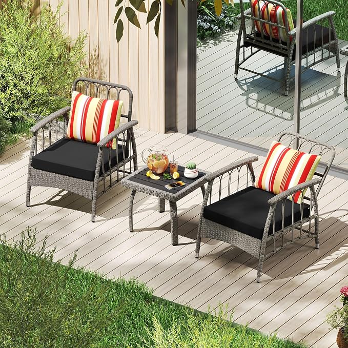 Tangkula 3 Pieces Patio Wicker Furniture Set, 5-Level Adjustable Backrest Cushioned Outdoor Conversation Bistro Chairs and Coffee Table Set, for Lawn, Garden, Poolside and Balcony (Mix Grey)