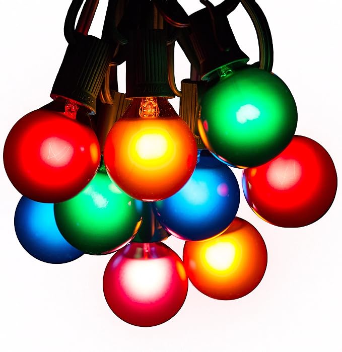 G40 Assorted Satin Pearl Colored String Lights (10 Foot – Black Wire) | G40 Assorted 1.6" Bulbs, Outdoor Globe Patio String Lights