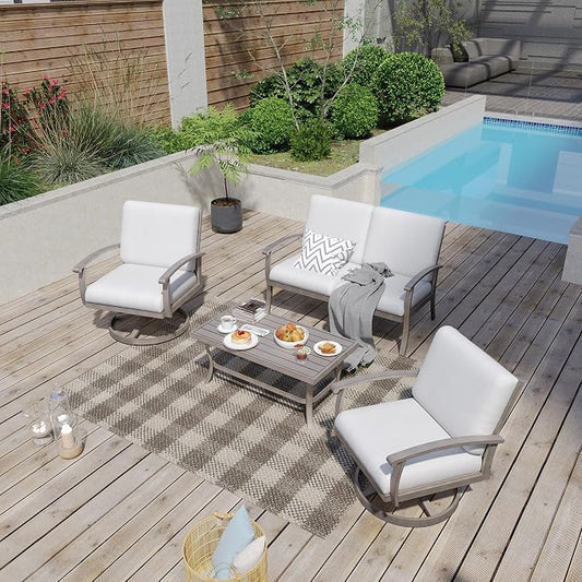 HAPPATIO 4 Piece Aluminum Patio Furniture Set, 4-Person Outdoor Swivel Chairs and Loveseat, All-Weather Outdoor Sectional Sofa with Comfortable Cushions and Coffee Table(Gray)