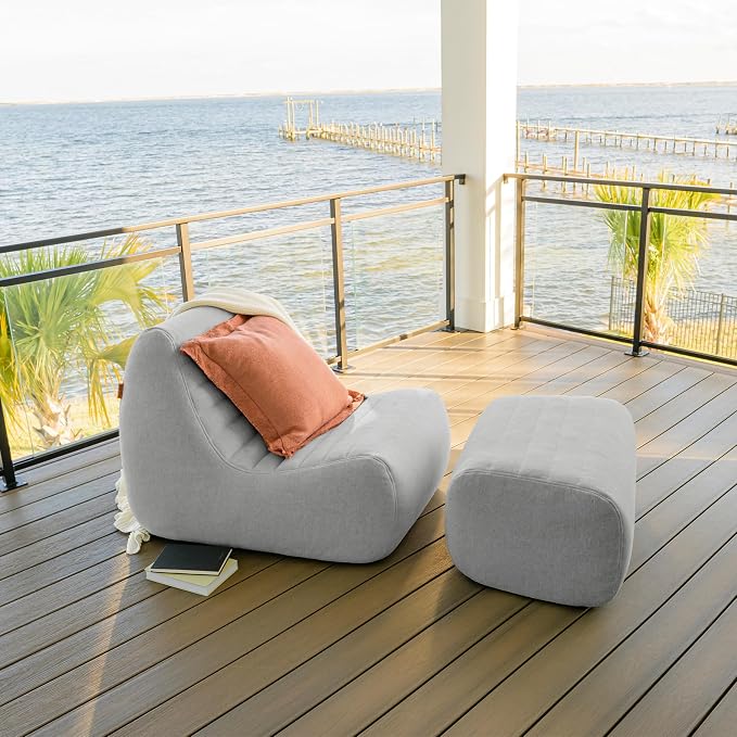 Big Joe Solvana Outdoor Lounge Chair and Ottoman, 2 Piece Patio Furniture Set, Performance Linen Weather-Resistant Fabric, Port Gray