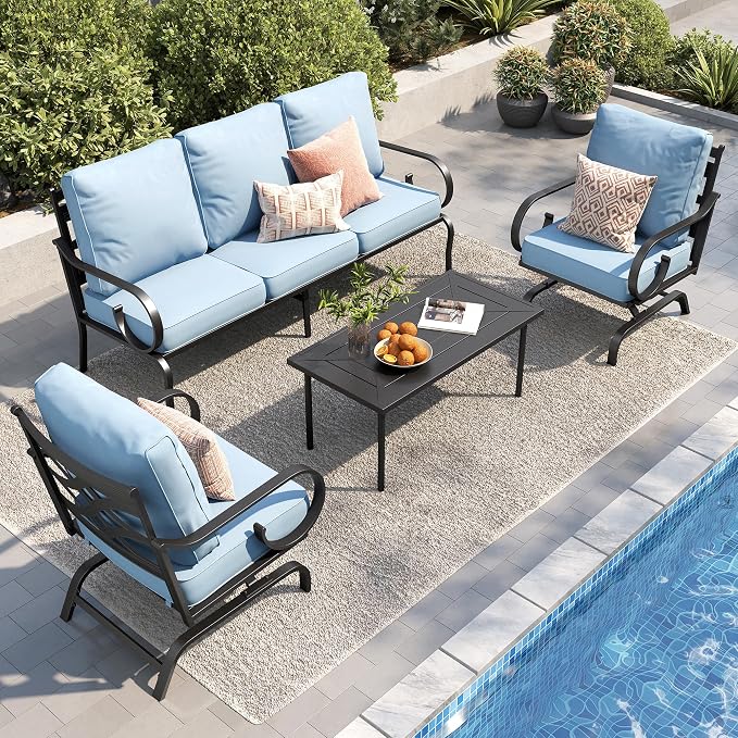 PHI VILLA Patio Furniture Set, 3-Seater Sofa, 2 Rocking Chairs and a Coffee Table, Outdoor Metal Conversation Set with 5.75" Extra Thick Cushion for Garden Backyard Deck, Blue