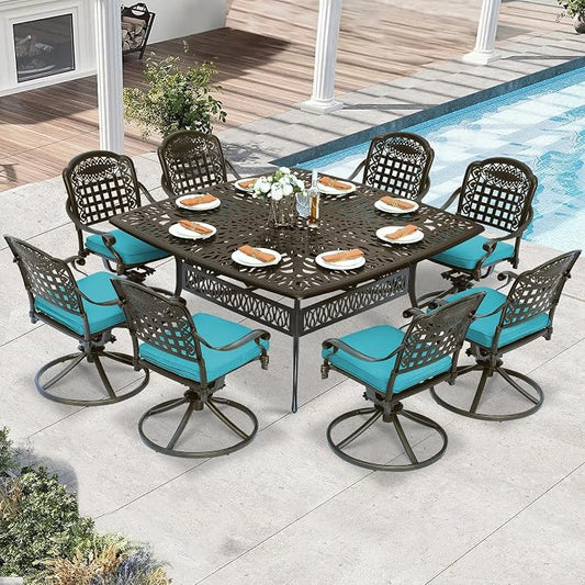 9 Piece Outdoor Patio Dining Set for 8, Cast Aluminium Large Square Dining Table & 8 Swivel Rocker Chairs with Removable Cushions, Umbrella Hole, Patio Furniture Set for Garden, Ocean Blue
