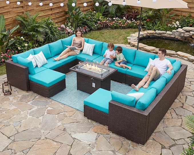 NICESOUL 15 Piece Outdoor Sectional with Fire Pit Table, Modern Luxury Patio Deep Seating w/Firepit, 29.3'' High-Back Wicker Couch Thick, Big High-Weight Capacity Sofa for Garden, Yard, Brown & Teal