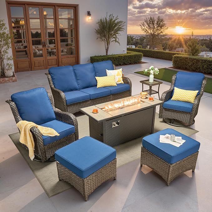 ovios 7-Piece Patio Furniture Set with Swivel Chairs Side Table, Outdoor Wicker Sofa with 54" Fire Pit Table, High Back Couch Modern Conversation Sets, Brown/Navy Blue