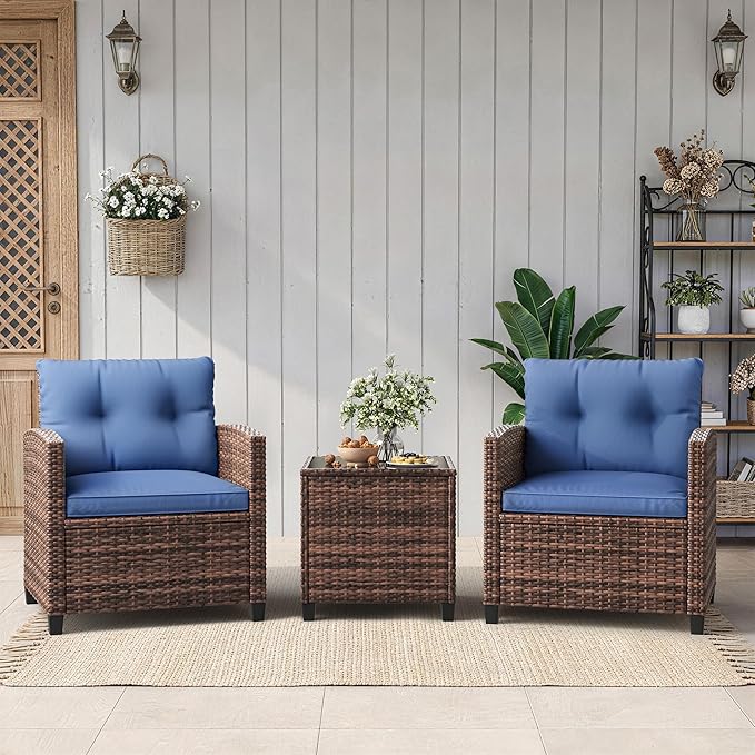 3-Piece Patio Furniture Set, PE Rattan Wicker Outdoor Sofa Set with Washable Cushions & Tempered Glass Tabletop, Conversation Set for Garden, Poolside, Balcony (Brown Wicker & Blue Cushions)