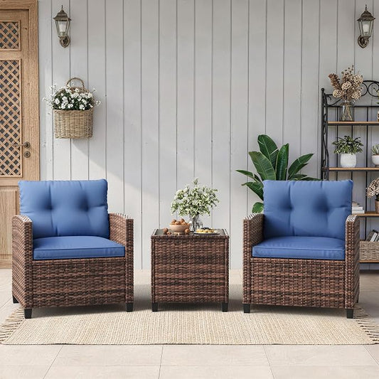 IDEALHOUSE 3-Piece Outdoor Patio Furniture Set, PE Rattan Wicker Conversation Chairs with Tempered Glass Side Table and Removable Cushions, Balcony, Porch & Garden Seating Set, Brown+Navy Cushion