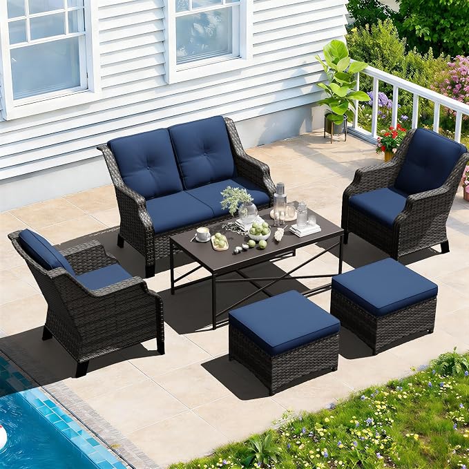 Outdoor Patio Furniture Set, 6 Piece Wicker Patio Furniture with Thick Cushions, Curved Armrest, Deep Seating, Rattan Outdoor Chairs for Porch, Deck, Balcony
