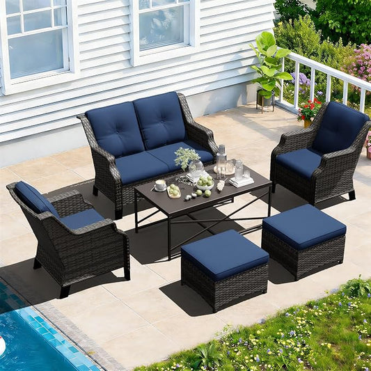 Outdoor Patio Furniture Set, 6 Piece Wicker Patio Furniture with Thick Cushions, Curved Armrest, Deep Seating, Rattan Outdoor Chairs for Porch, Deck, Balcony