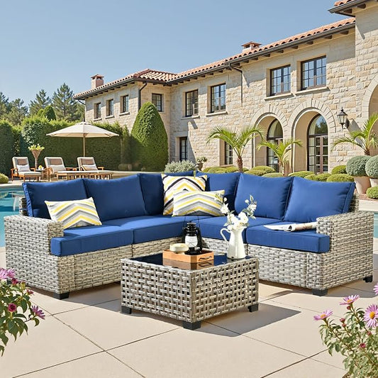 CAODOC 6 Pieces Outdoor Sectional Patio Furniture Set,Wicker Conversation Sets L Shaped Couch,Outdoor Sofa Outside Furniture with Solar Table Light(Blue)