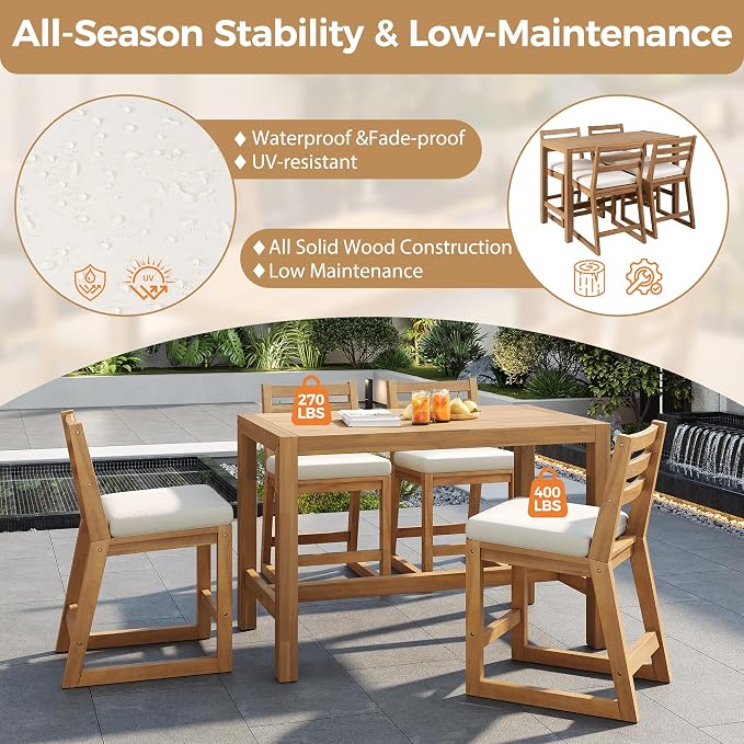 WILLIAMSPACE 51.9" 5-Piece Outdoor Bar Table Set, Patio Acacia Wood Bar Height Table & 4 Chairs with Cushions, Solid Wood Outdoor Dining Bistro Bar Set for Poolside, Balcony, Backyard (Light Teak)