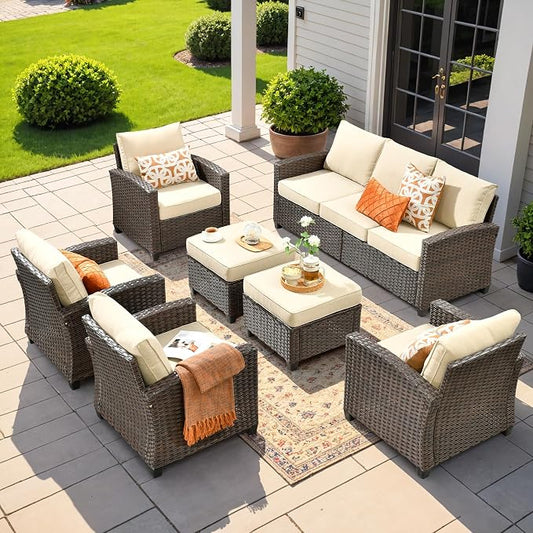 CAODOC 7 Pieces Rattan Patio Furniture Set, 4 x Single Chair, 2 x Ottoman and 3-Seat Sofa with Cushions, 9 Seats Outdoor Wicker Sectional Conversation Set for Garden, Poolside, Backyard