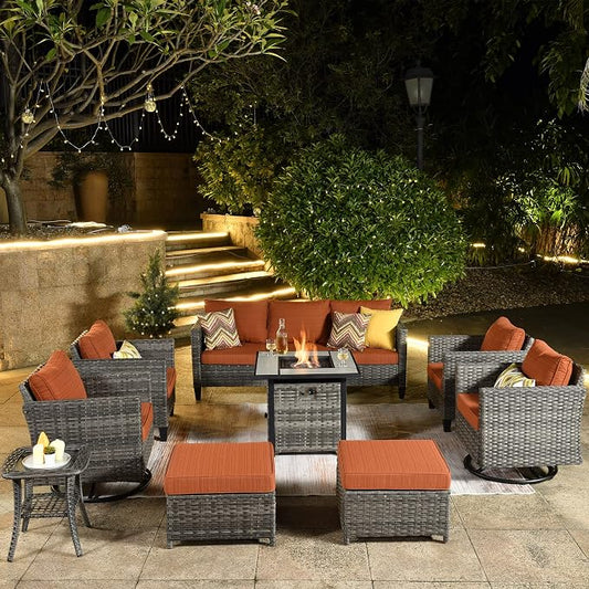ovios 9 Pieces Patio Furniture Set with Square Fire Pit Table, Outdoor Swivel Rocking Chairs, High Back Wicker Rattan Conversation Set for Deck Porch, Orange Red
