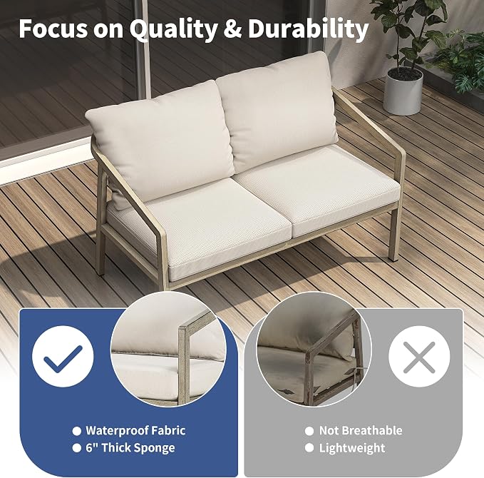 Outdoor Patio Loveseat Sofa, Aluminum 2-Seater Conversation Set with Washable Thick Cushions, Never-Rust Modern Garden Couch Bench for Porch, Poolside, Backyard (Grey+Beige)