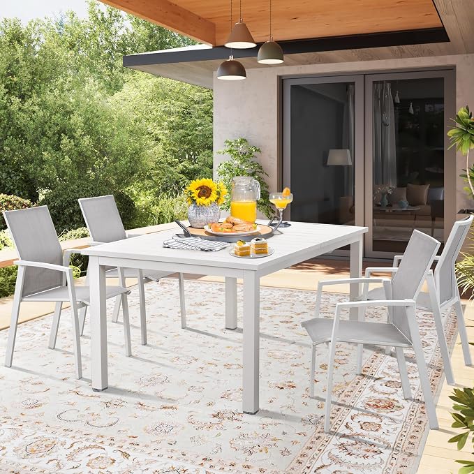 Wisteria Lane Outdoor Patio Dining Set, 5 Piece Aluminum Modern Outdoor Table and Chairs Set for 4, Metal Expandable Patio Table & 4 Stackable Textilene Chairs for Balcony Deck Backyard, White
