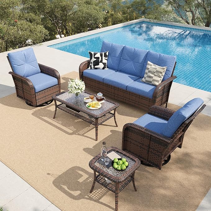 LazySunsets 7 Piece Outdoor Patio Furniture Set with Coffee Table, Wicker Rattan Outdoor Furniture with High Back Swivel Rocker Chairs, Outdoor Conversation Set with Thick Cushion, Navy Blue