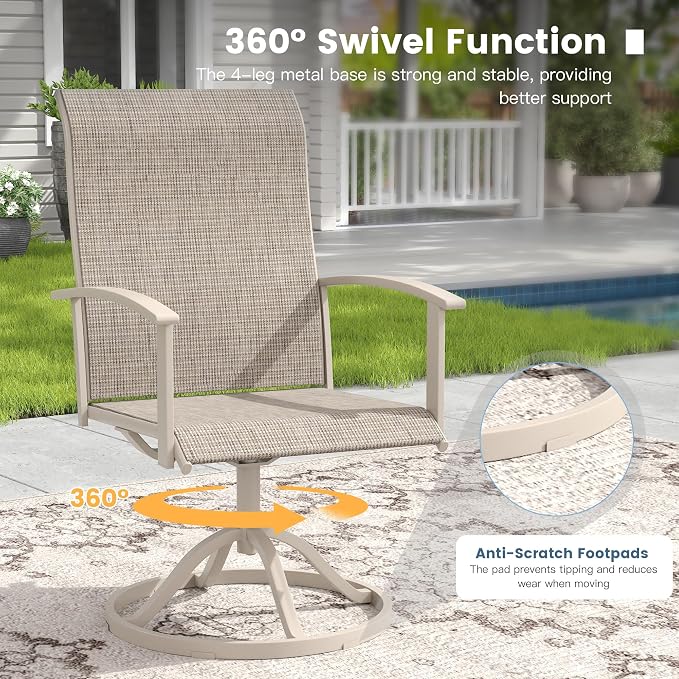 DIFY 9 Pieces Outdoor Dining Set for 8, 63" Grey Wood-Like Round Metal Table with Umbrella Hole and Sandshell Textilene Swivel Patio Chairs, Patio Table and Chairs Set for Garden, Backyard, Poolside