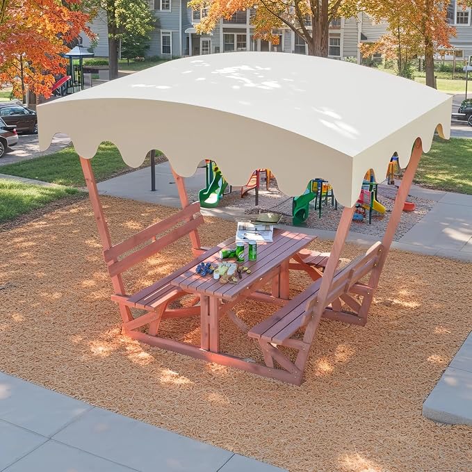 Outdoor Waterproof Solid Wood Picnic Table with Removable Canopy & Benches, Rectangle Tabletop, All-Weather for Patios, Gardens, Decks, Parks, Beaches