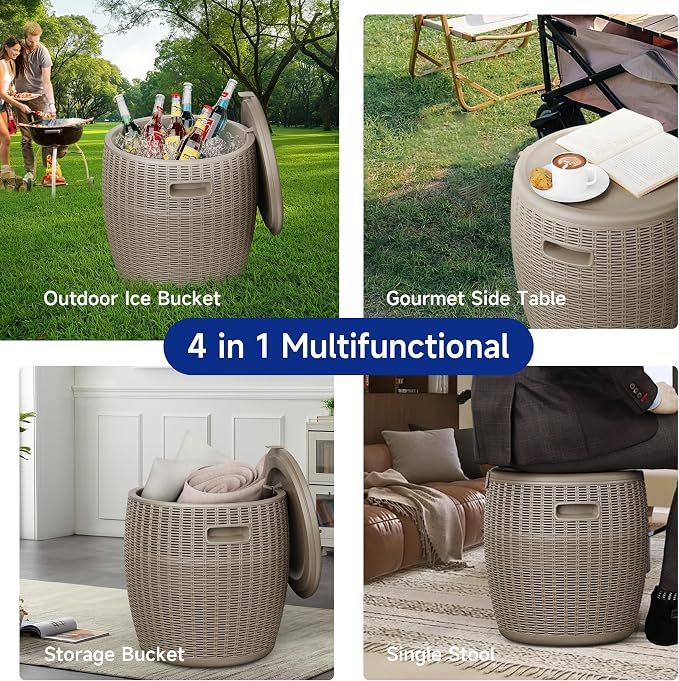 Outdoor Cooler Side Table, 9.5 Gallon Weather-Resistant Portable Ptio Cooler Table, Resin Rattan Round Cool Bar with Lid for Patio, Decor, Pool, Party (Gray)
