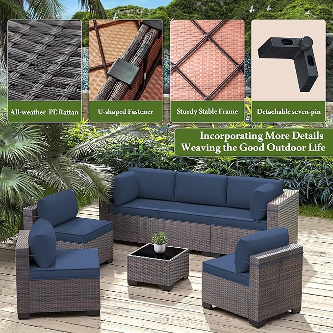 11 Pieces Outdoor Patio Furniture Set,Outdoor Sectional Furniture with 43" 55000 BTU Gas Propane Fire Pit Table,PE Rattan Wicker Patio Conversation Set,Swivel Rocking Chairs Set,Navy Blue