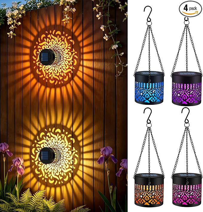 4 Pack Solar Fence Lights Outdoor, Metal Solar Powered Wall Deck Step Light | Mandala Theme, Hanging LED Waterproof Decorative Lighting for Garden Patio Backyard Post Decor, 7 Colors