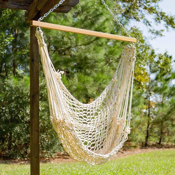 Original Pawleys Island Single Hammock Chair – Oatmeal DuraCord Rope, 350 lb Capacity, Oak Spreader Bar, Zinc Plated Hardware, Handcrafted in the USA
