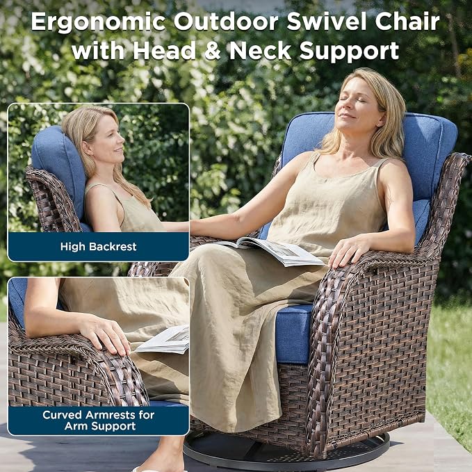 Luxury 5 Piece Patio Furniture Set-All Weather Outdoor Swivel Rocker Chairs with 6" Thick Cushions Multifunctional Ottoman Rattan Patio Conversation Sets for Porch Deck Garden Backyard(Brown/Blue)