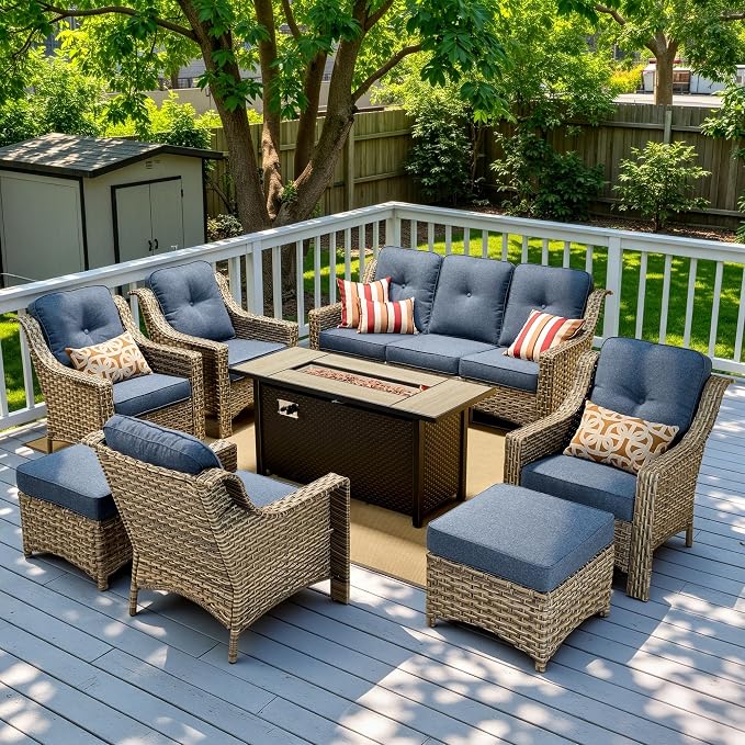 8 Piece Patio Furniture Set with Fire Pit Table, All Weather Wicker High Back Sofa Chairs Ottoman with Thick Cushion, Outdoor Conversation Sets for Large Backyard Deck Garden, Denim Blue