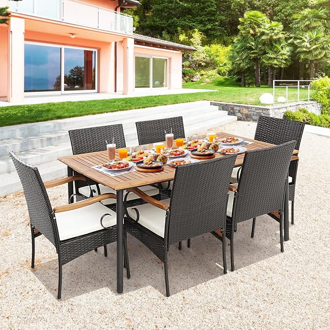 Tangkula 7-Piece Outdoor Dining Set with Acacia Wood Table & 6 Wicker Rattan Armrest Chairs, Detachable Cushions, Umbrella Hole, All-Weather Patio Conversation Furniture Set for Garden Deck Poolside