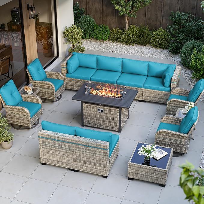 14-Piece Outdoor Patio Furniture Set with Rocking Swivel Chair, Wicker Rattan Sectional Sofa Conversation Set with 55,000 BTU Fire Pit Table, Backyard Furniture, Turquoise