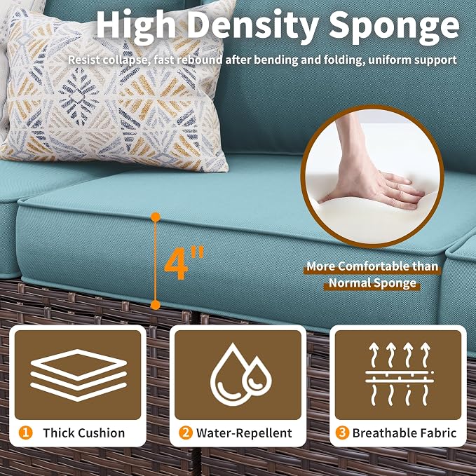 Patio Furniture Set, 6 Pcs Patio Outdoor Sectional, Wicker Outdoor Couch with Swivel Chair, Ottomans, Side Table, 4" Thick Cushion, for Garden Backyard Deck,Light Blue