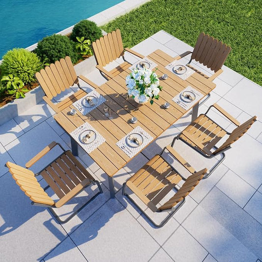 7 Pieces Outdoor Dining Set for 6, Patio Table and Chairs Set with Umbrella Hole, All-Weather HDPE Outdoor Furniture Sets for Backyard Poolside Lawn Garden (Gray & Teak)