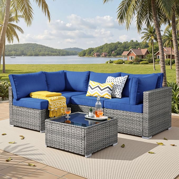 ovios Outdoor 5 Piece Coversation Set with Coffee Table,Sectional Patio Furniture Set with All-Weather Wicker Sofa,Modern Outside Couch for Balcony Backyard Pool, Navy Blue