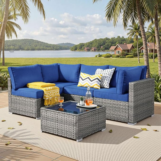 ovios Outdoor 5 Piece Coversation Set with Coffee Table,Sectional Patio Furniture Set with All-Weather Wicker Sofa,Modern Outside Couch for Balcony Backyard Pool, Navy Blue