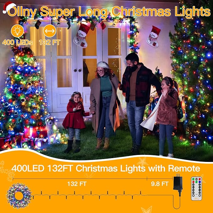 Ollny Christmas Lights 400LED 132FT, Plug-in Outside Tree Lights with Timer and 8 Modes, Remote Control Waterproof Dimmable Outdoor String Lights for House Yard Patio Xmas Decorations (Multicolored)