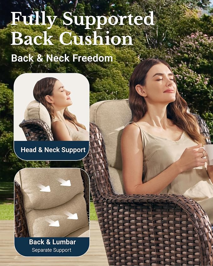 HILLGA Luxury 5PCS Outdoor Swivel Rocker Patio Chairs of 2 with 6 Inch Thick Cushions and Side Table, All Weather Outdoor Chairs High Back Wicker Patio Furniture Set for Porch and Deck, Beige