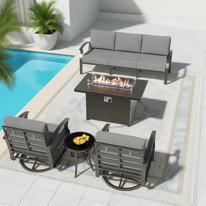 Aluminum Patio Furniture Set with 55,000 BTU Propane Fire Pit Table,5 Seats Metal Modern Outdoor Furniture w/5.1" Cushions,Patio Sectional w/Swivel Chairs for Backyard,Patio,Grey