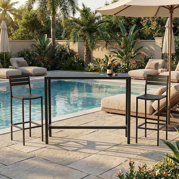 Outdoor Bar Table, 45in Bar Height Table, Black Metal Frame with Weatherproof Top, HDPE Outdoor Furniture for Patio, Hot Tub, Party, Balcony, Indoor
