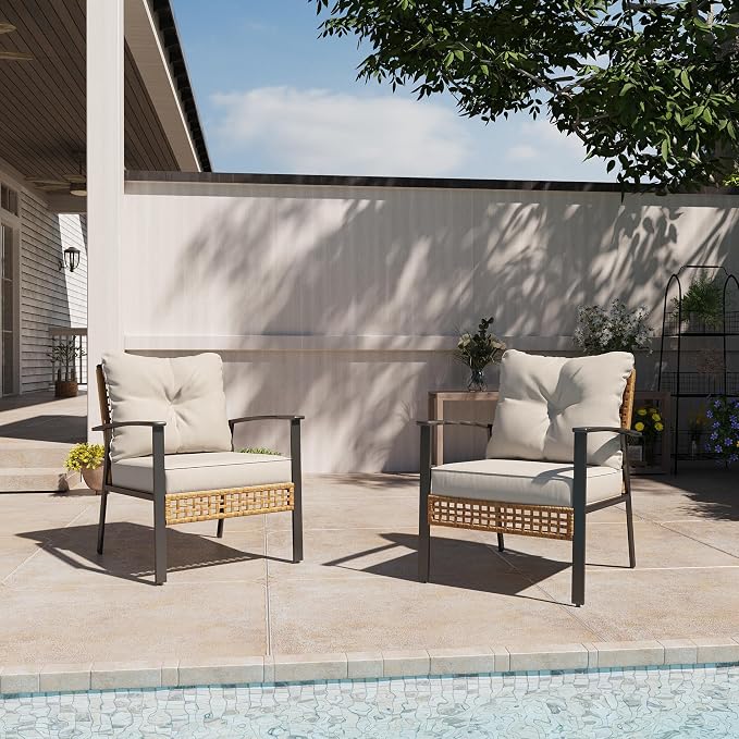 LAUSAINT HOME Outdoor Rattan Bistro Set, Patio Furniture Wicker Chairs Set of 6 with Deep Seating and Thick Cushions, Oversize Conversation Set for Garden, Balcony and Backyard (Beige)