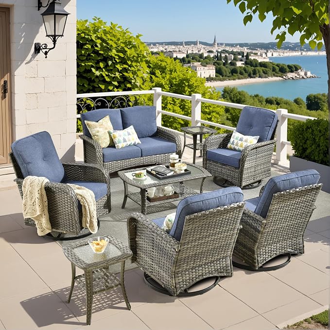 8 Piece Wicker Patio Furniture Set with Swivel Chairs, Denim Blue | 4 Swivel Rocker Chairs, High Back Loveseat Sofa, Coffee Table, Rattan Outdoor Conversation Set, Porch Deck Backyard Poolside