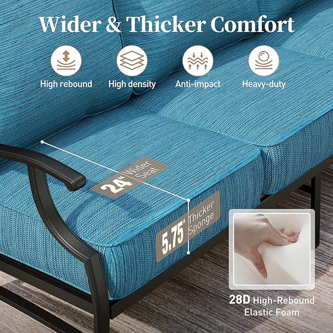 SUNSHINE VALLEY 4 Piece Metal Outdoor Patio Furniture Set, Patio Conversation Sets 3-seater Sofa, 2 Swivel Chair with 5.75" Extra Thick Cushion and Coffee Table, Black Frame Backyard Furniture, Blue-2