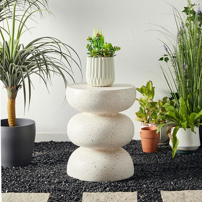 Glitzhome Outdoor Side Table, Round Small End Table with White Geometric Terrazzo Finish MGO Hourglass Garden Stool, Set of 2 Decorative Accent Table for Living Room Planter Stand Backyard Patio Porch