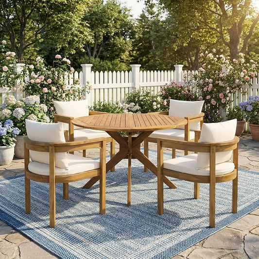 Christopher Knight Home Abact Acacia Wood Patio Dining Set for 4, Solid Wood Outdoor Dining Table Set for 4, Round Dining Table and Chairs Set of 4 with Cushion, Teak+Beige