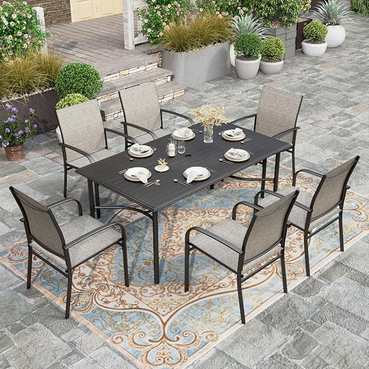 HERA'S HOUSE 7pc Outdoor Patio Dining Set, 6 Textilene Chairs, Brown | 67" rectangular metal table with umbrella hole. Waterproof, rust-resistant, all-weather for backyard, porch