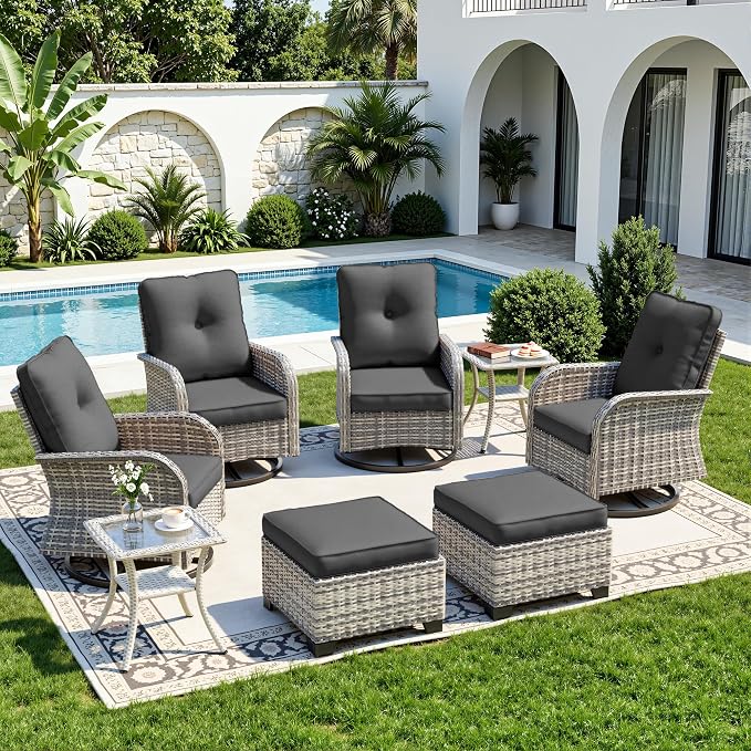 8-Piece Small Patio Furniture Set, Outdoor Swivel Rocking Chairs Set with Ottomans, Patio Bistro Set for Balcony, Deck, Porch, Black