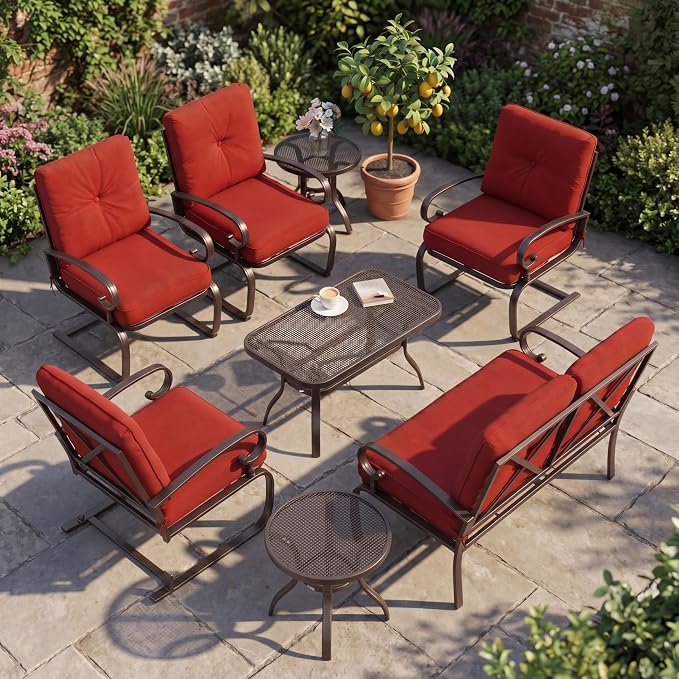 Incbruce 7 Pcs(6 Seats) Wrought Iron Patio Conversation Sets (1 Loveseat, 2 Table, 2 Spring Chair, 2 Dining Chairs), Outdoor Metal Furniture Sets with Red Cushion