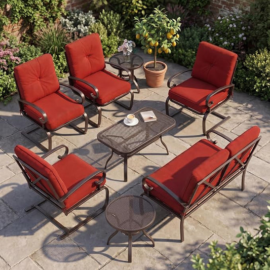 Incbruce 7 Pcs(6 Seats) Wrought Iron Patio Conversation Sets (1 Loveseat, 2 Table, 2 Spring Chair, 2 Dining Chairs), Outdoor Metal Furniture Sets with Red Cushion