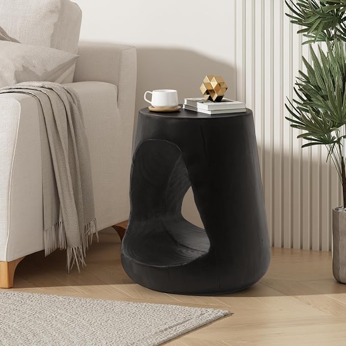 Faux Concrete Side Table Outdoor Faux Stone End Table, Round Outdoor Accent Tables, Garden Stool Plant Stand for Porch, Backyard Black Wood-Like Texture,