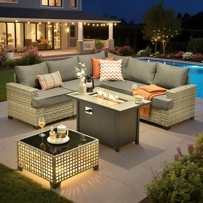 Outdoor Sectional Patio Furniture Set with Fire Pit,7 Pieces Rattan Conversation Sets,Out Door L Shaped Furniture with Glowing Coffee Table,Dark Grey