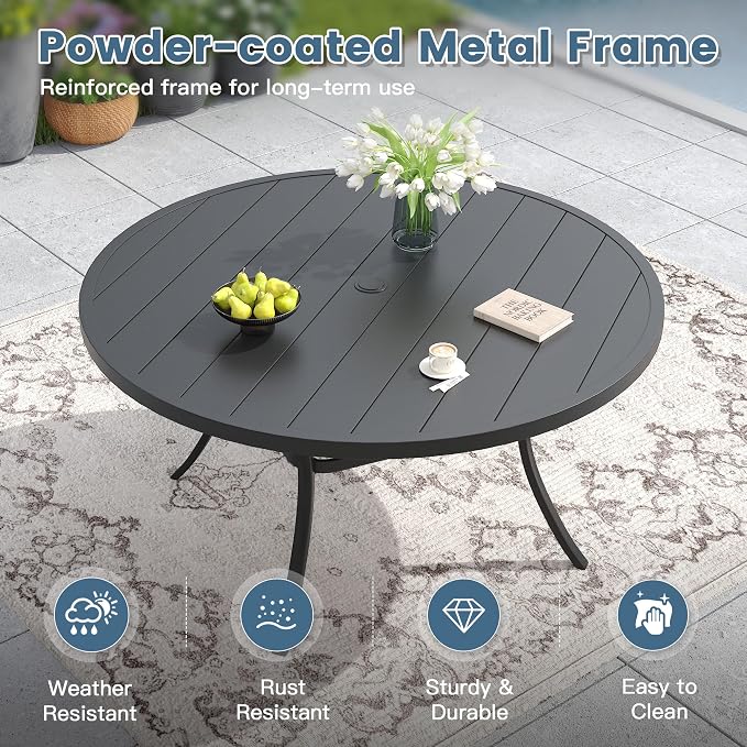 DIFY 60" Round Patio Dining Table for 8-10, Outdoor Metal Dining Table with 1.57" Umbrella Hole for Backyard Lawn Garden, Black