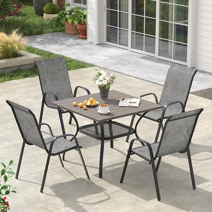 VICLLAX Square Patio Dining Set for 4, Metal Slatted Patio Table with Umbrella Hole and Stackable Patio Chairs for Deck Lawn Garden, Grey Fabric and Antique Grey Tabletop